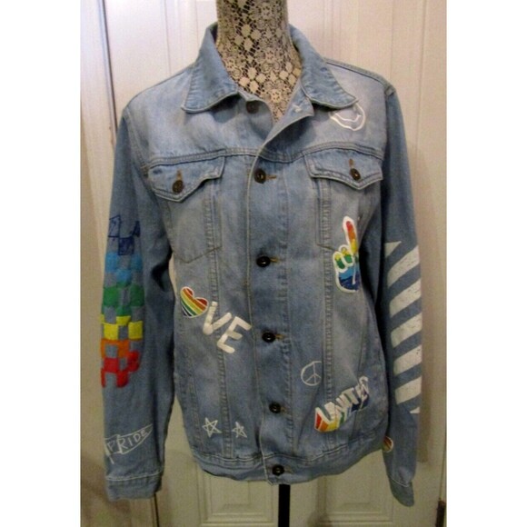 Brooklyn Cloth Pride Doodle Jean Jacket Blue Denim Peace Love United Size M - Picture 3 of 13